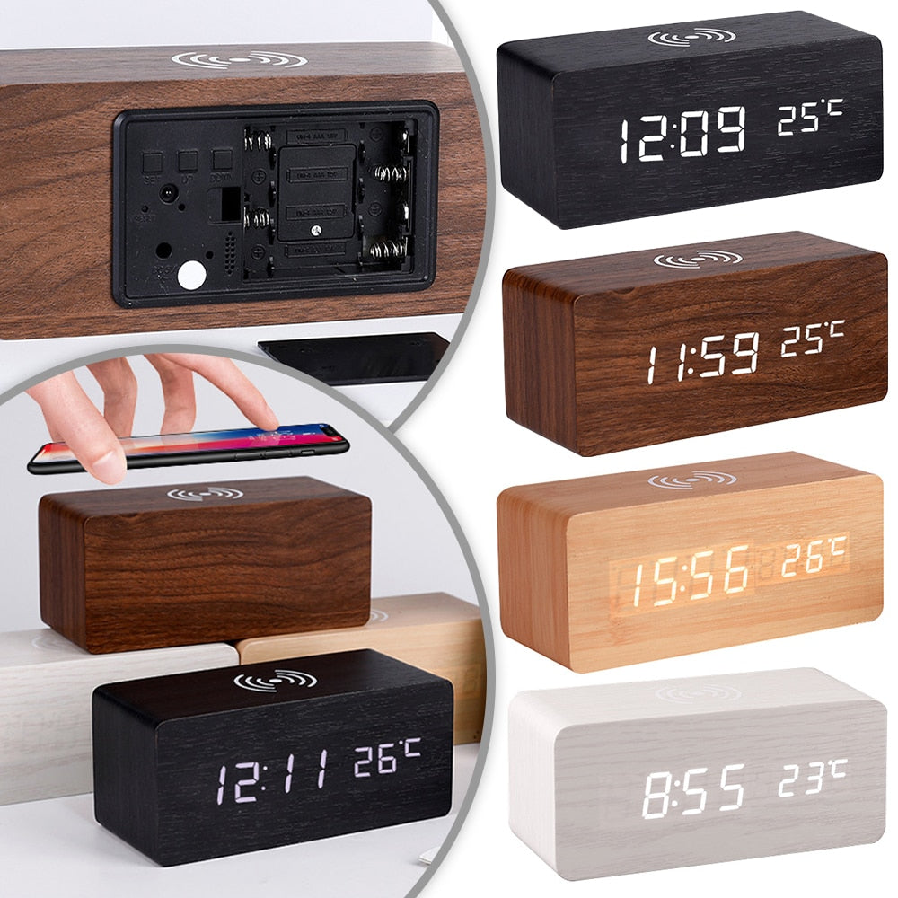 Modern Wooden Wireless Charging Alarm Clock with LED Display