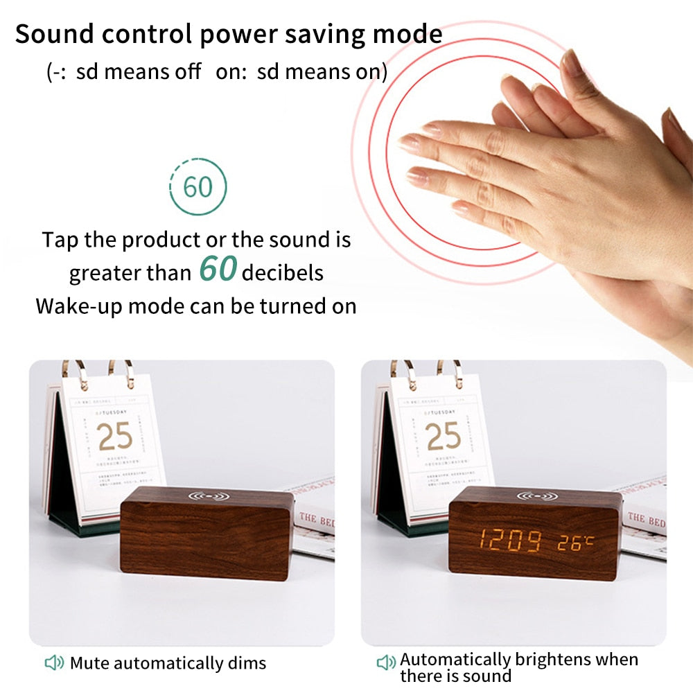 Modern Wooden Wireless Charging Alarm Clock with LED Display