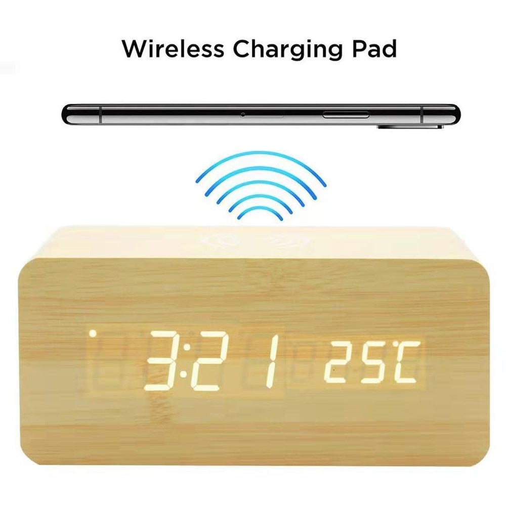 Modern Wooden Wireless Charging Alarm Clock with LED Display