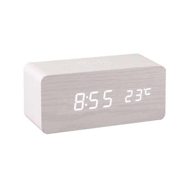 Modern Wooden Wireless Charging Alarm Clock with LED Display