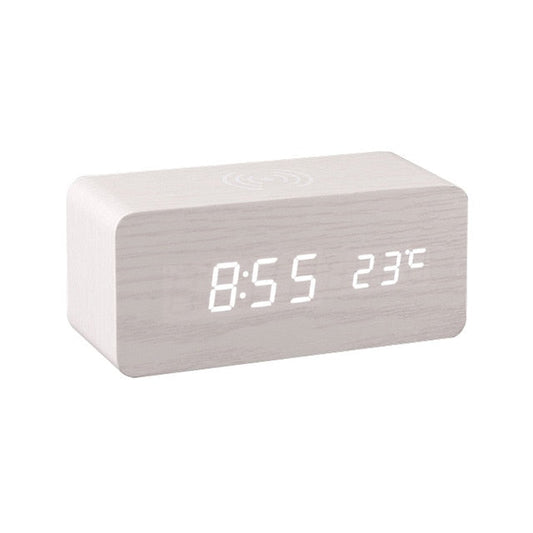 Modern Wooden Wireless Charging Alarm Clock with LED Display