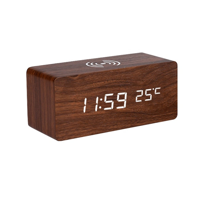 Modern Wooden Wireless Charging Alarm Clock with LED Display