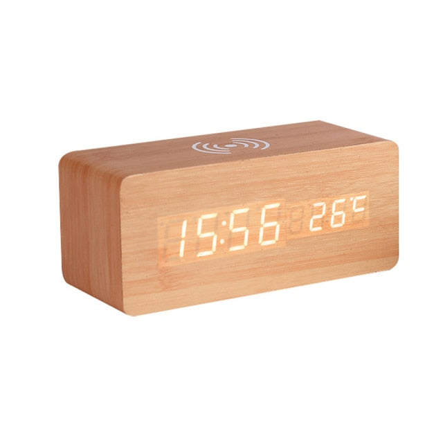 Modern Wooden Wireless Charging Alarm Clock with LED Display