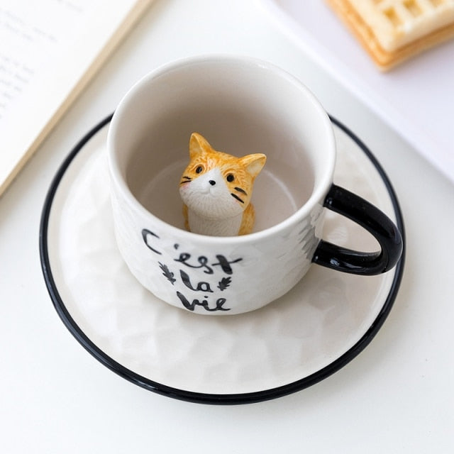 Ceramic Cat Mug with Hidden Kitten Design