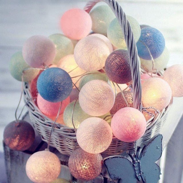 Cotton Ball String Lights - Warm Glow Decorative Garland in Various Colors