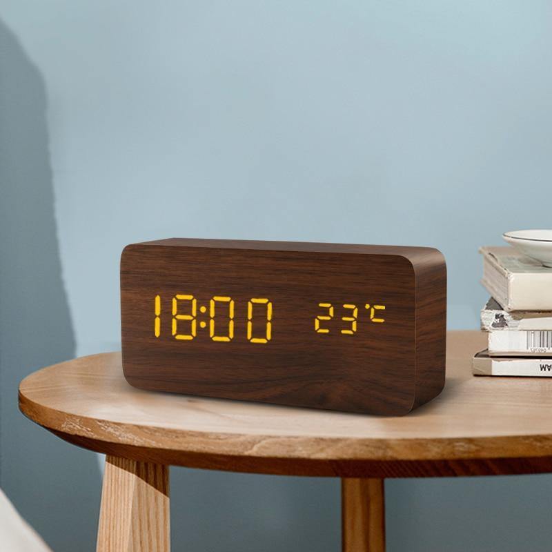 Wooden Cube LED Alarm Clock with USB Charging