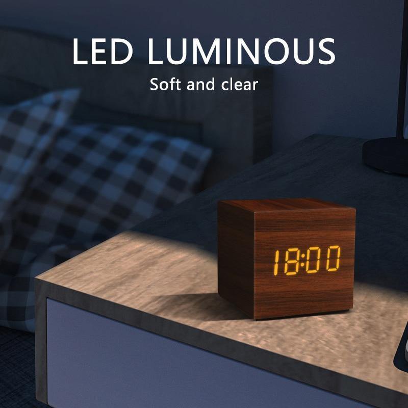 Wooden Cube LED Alarm Clock with USB Charging