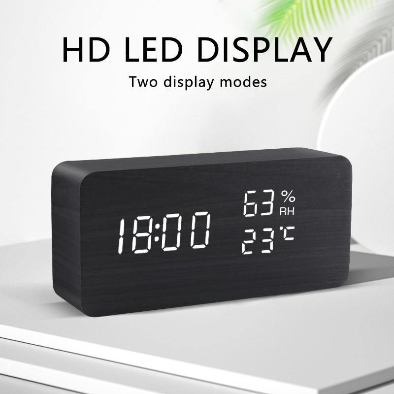 Wooden Cube LED Alarm Clock with USB Charging