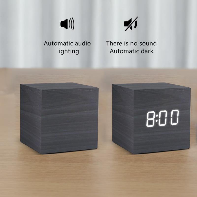 Wooden Cube LED Alarm Clock with USB Charging