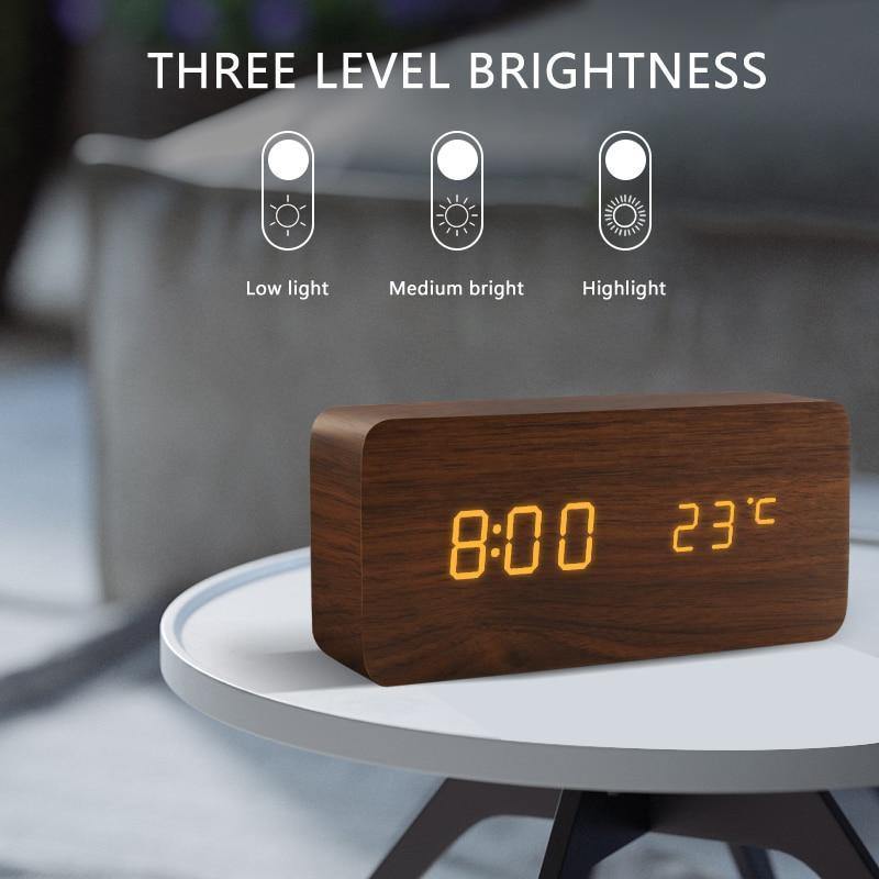 Wooden Cube LED Alarm Clock with USB Charging