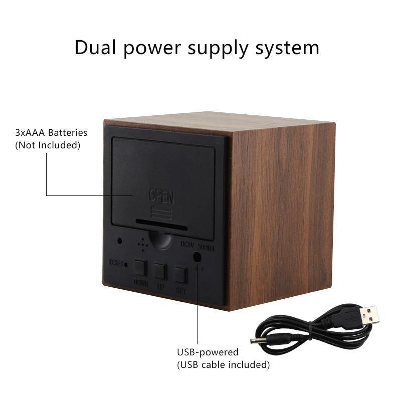Wooden Cube LED Alarm Clock with USB Charging