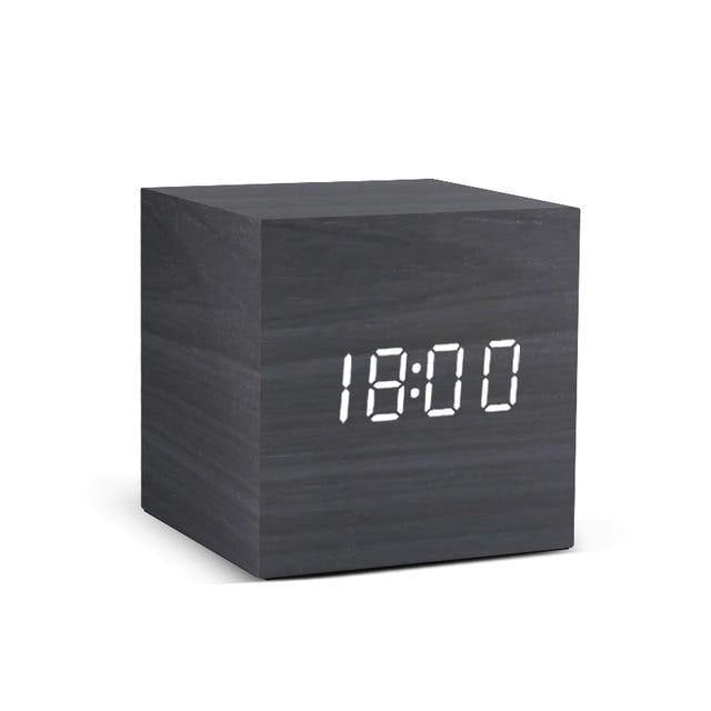 Wooden Cube LED Alarm Clock with USB Charging