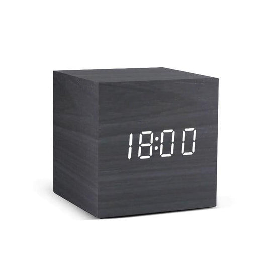 Wooden Cube LED Alarm Clock with USB Charging