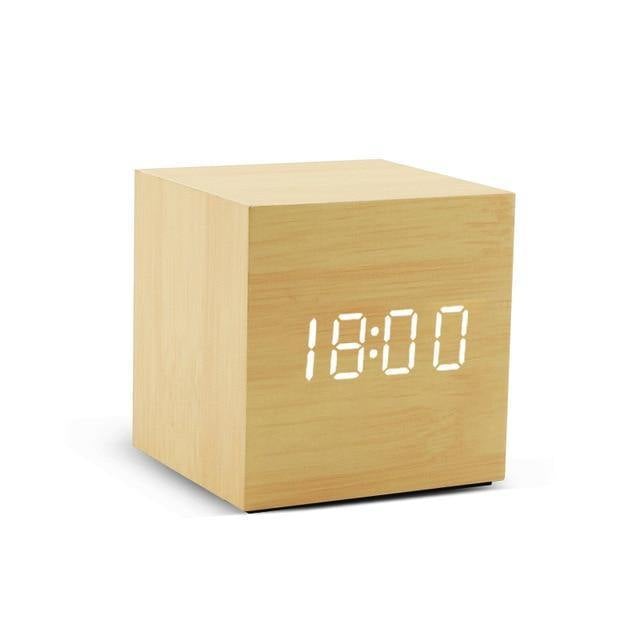 Wooden Cube LED Alarm Clock with USB Charging