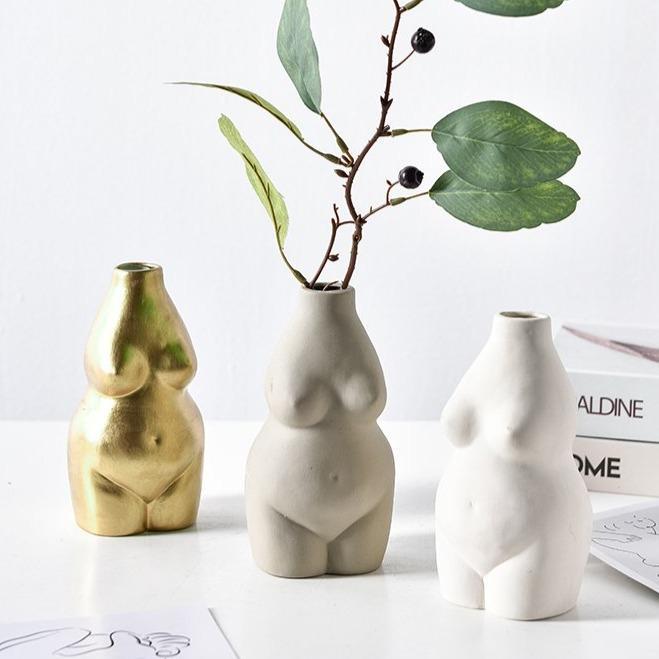 Venus Ceramic Bust Vase in Beige and Gold