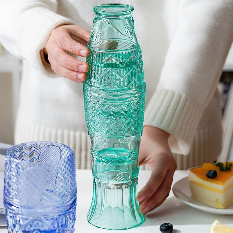 Colored Glass Koi Fish Mugs Set - Textured Aqua Drinkware