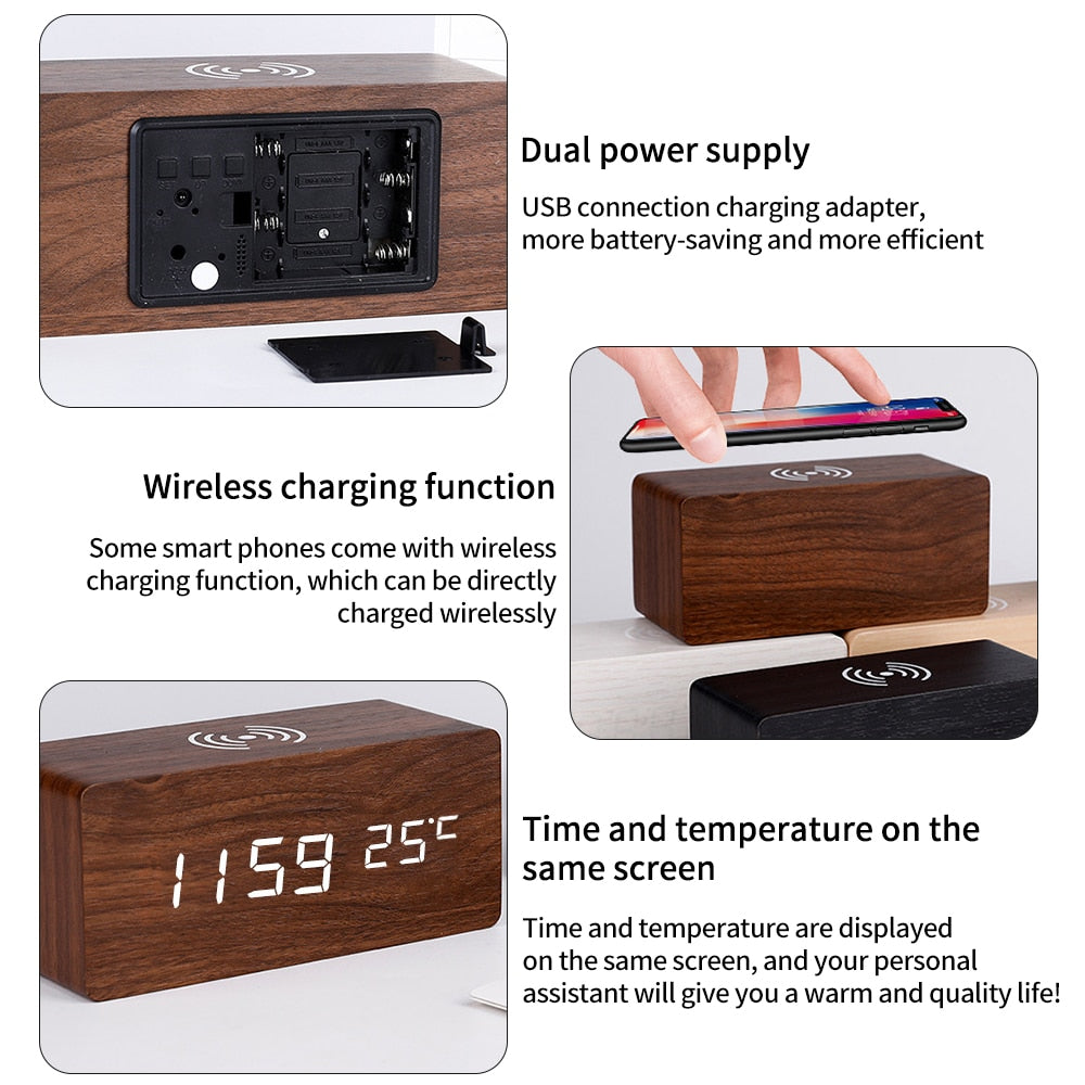 Modern Wooden Wireless Charging Alarm Clock with LED Display
