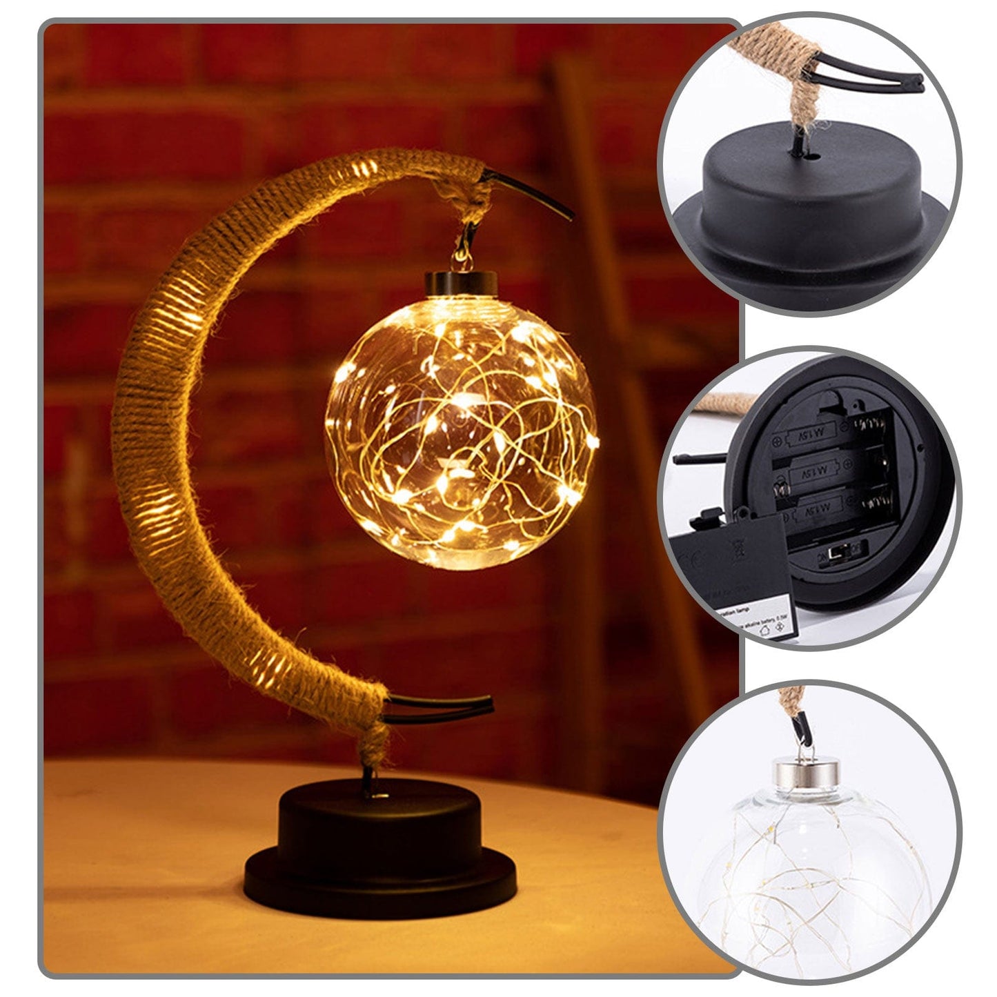 Half Moon LED Glass Globe Lamp with Jute Base
