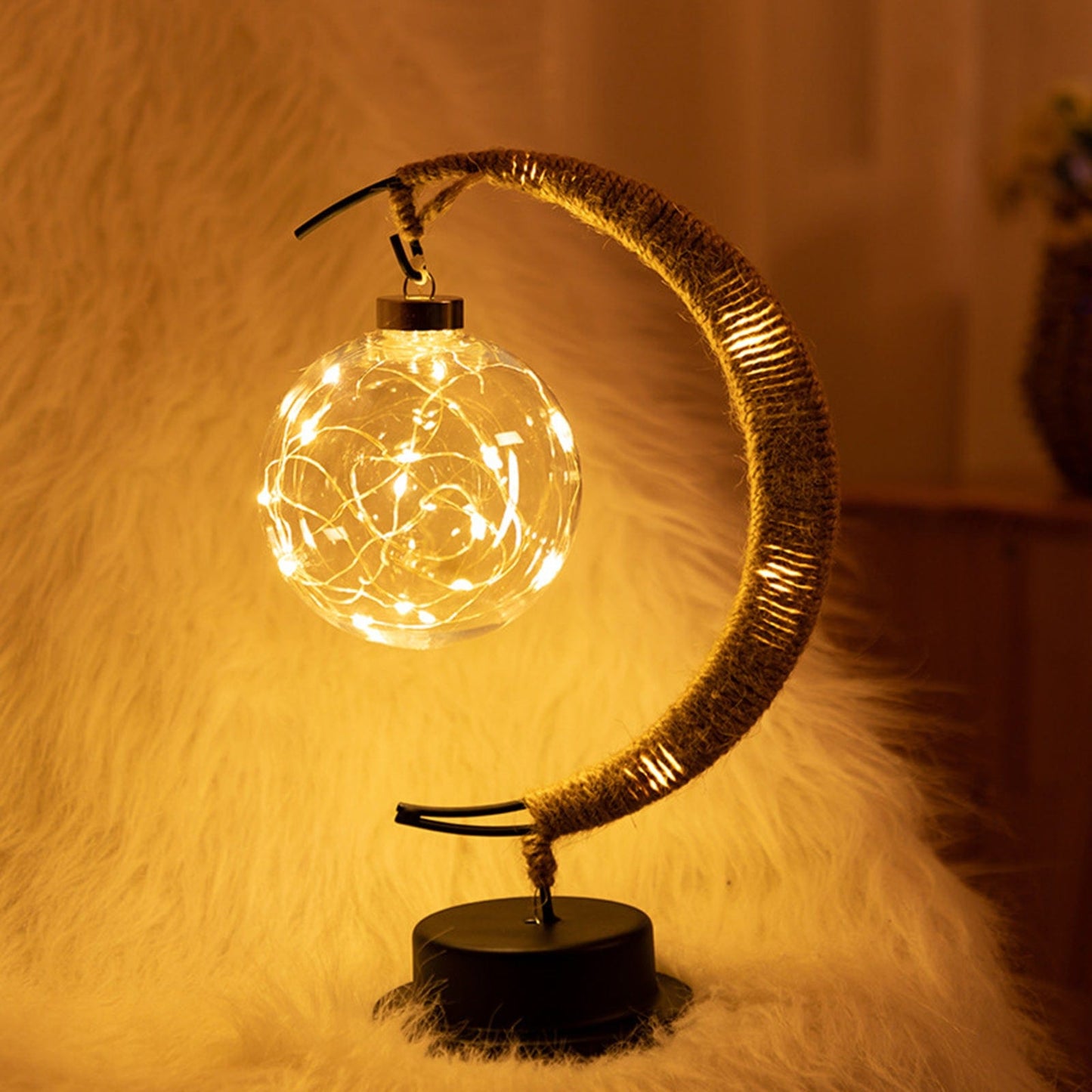 Half Moon LED Glass Globe Lamp with Jute Base
