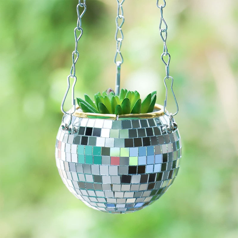 Disco Ball Hanging Planter with Reflective Tiles