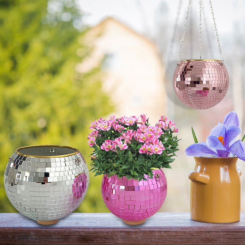 Disco Ball Hanging Planter with Reflective Tiles