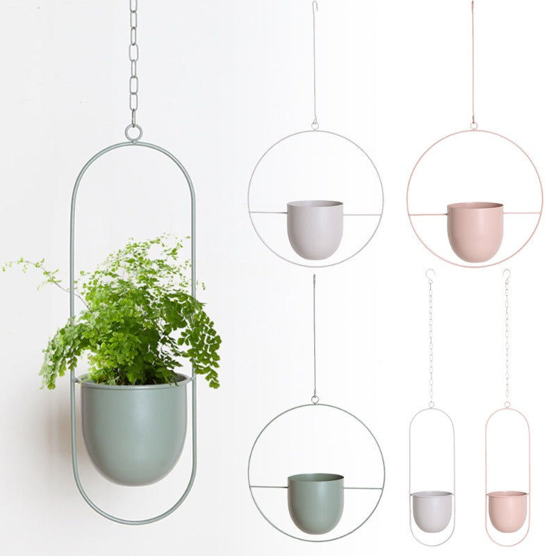 Metal Hanging Plant Pot Holder in Green, White, or Pink