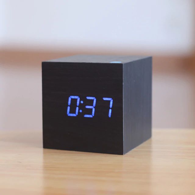 Modern Cube Digital Desk Clock in Bamboo and Wood