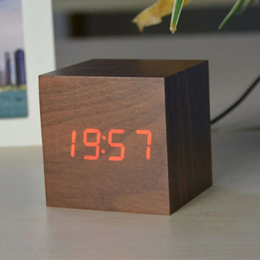 Modern Cube Digital Desk Clock in Bamboo