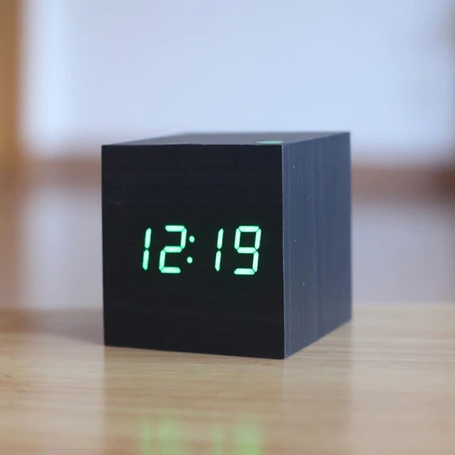 Modern Cube Digital Desk Clock in Bamboo