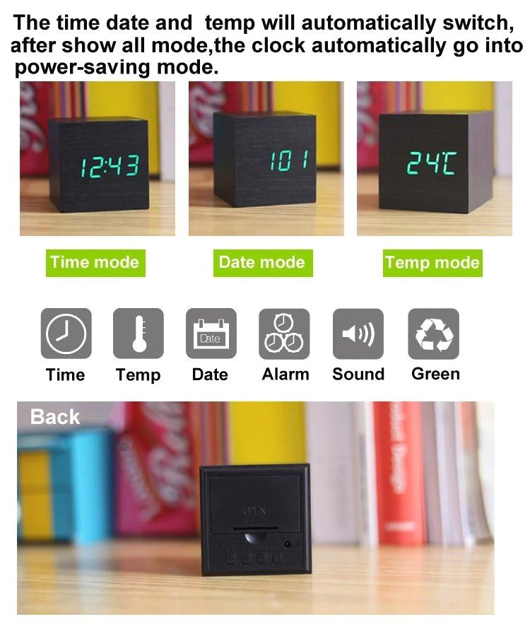 Modern Cube Digital Desk Clock in Bamboo and Wood