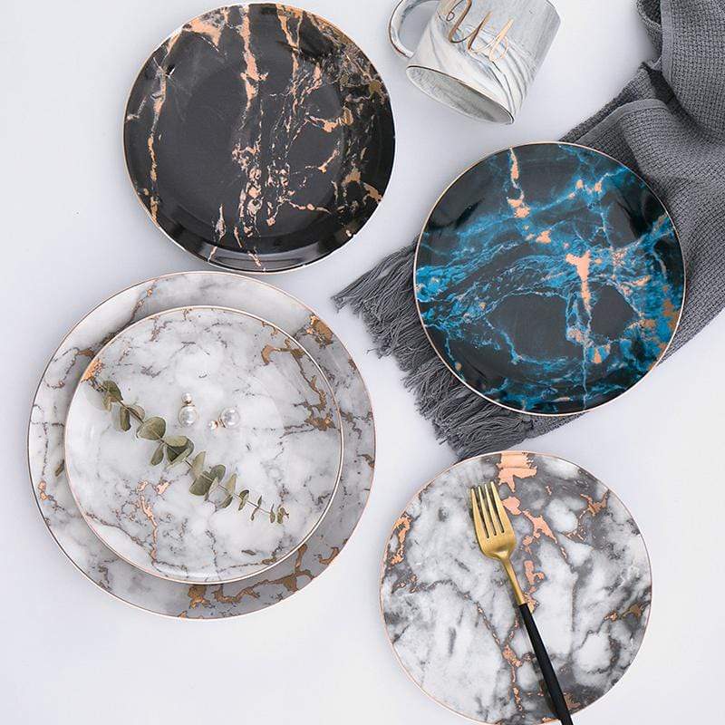Luxury Marble Pattern Porcelain Plates with Gold Accents