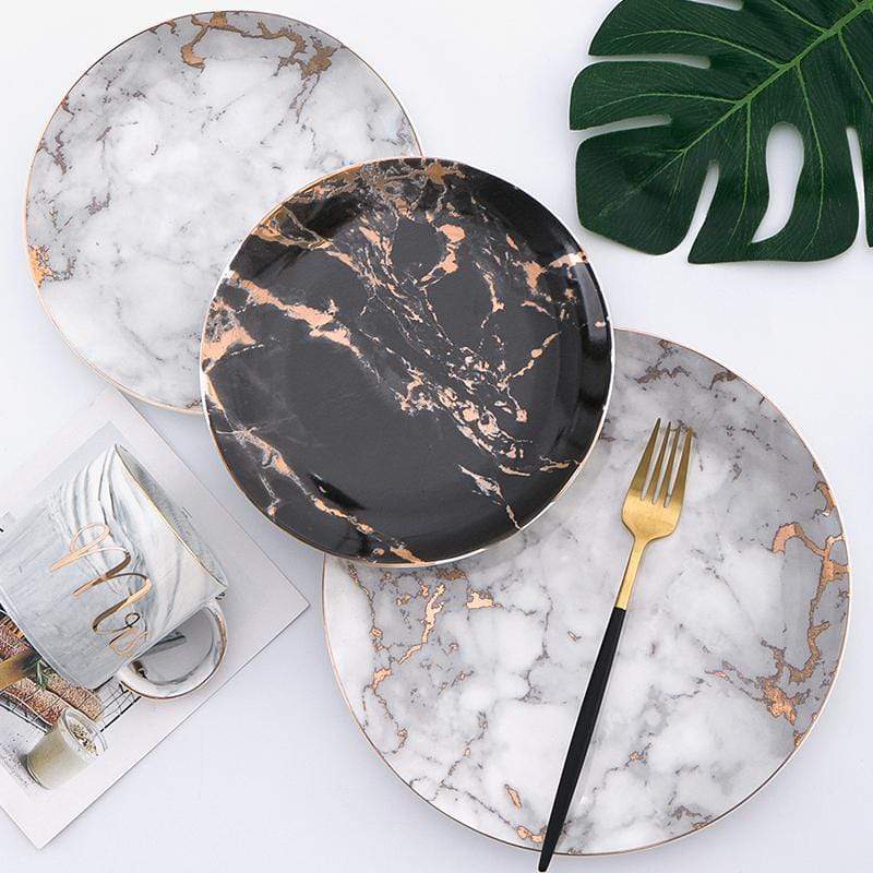 Luxury Marble Pattern Porcelain Plates with Gold Accents