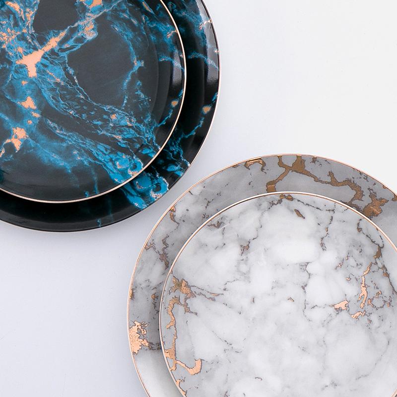 Luxury Marble Pattern Porcelain Plates with Gold Accents