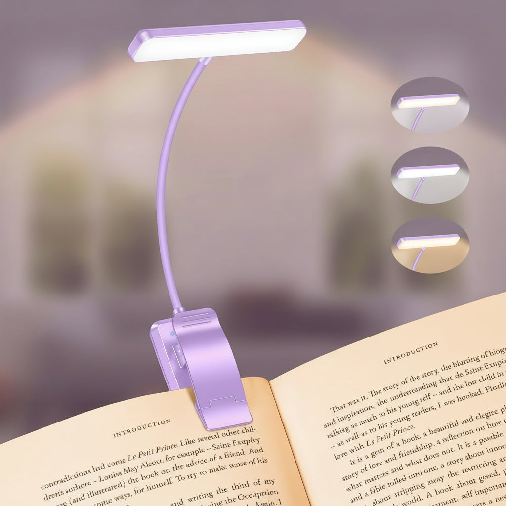 19 LED Rechargeable Clip-On Book Light with Adjustable Brightness and 3 Color Modes
