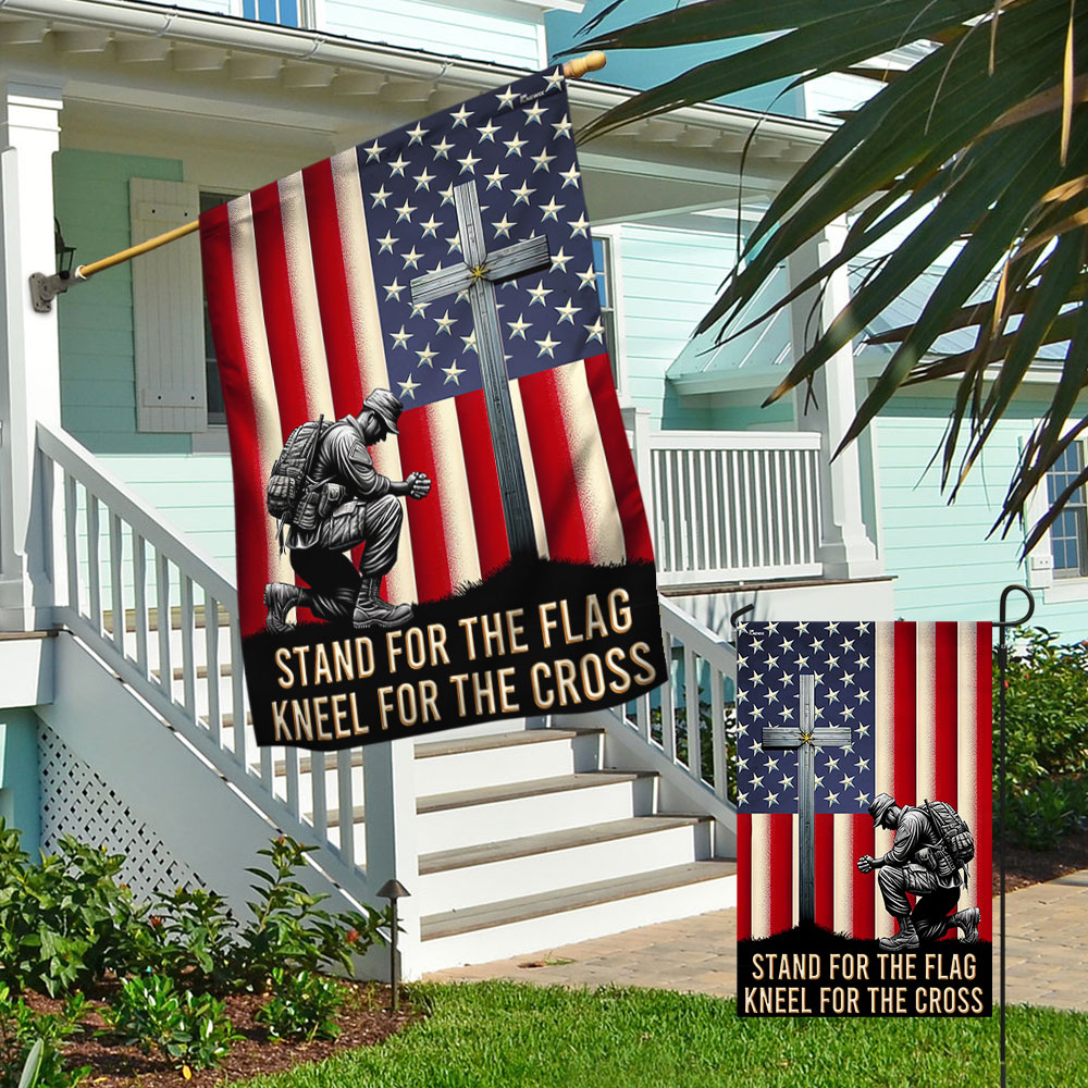 American Flag with Cross - Veteran Kneeling Christ Flag