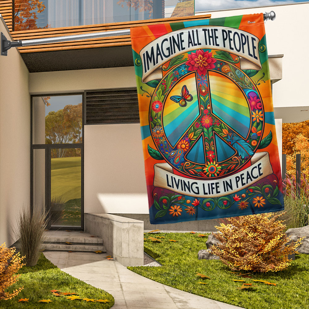 Peace Sign Hippie Flag Double-Sided Canvas - Imagine All The People Living Life In Peace