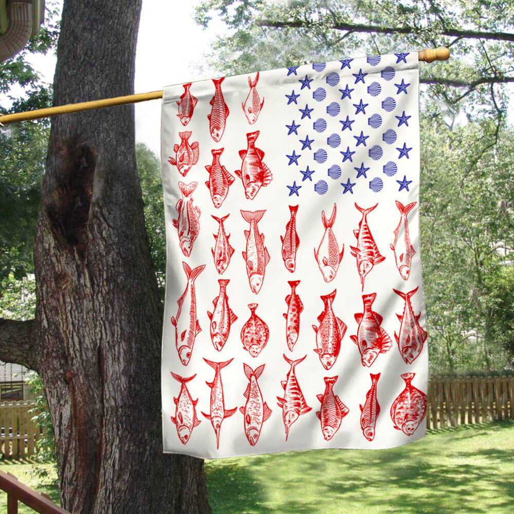 Fish & Sea Shells American Flag - Nautical Summer Decor for Independence Day