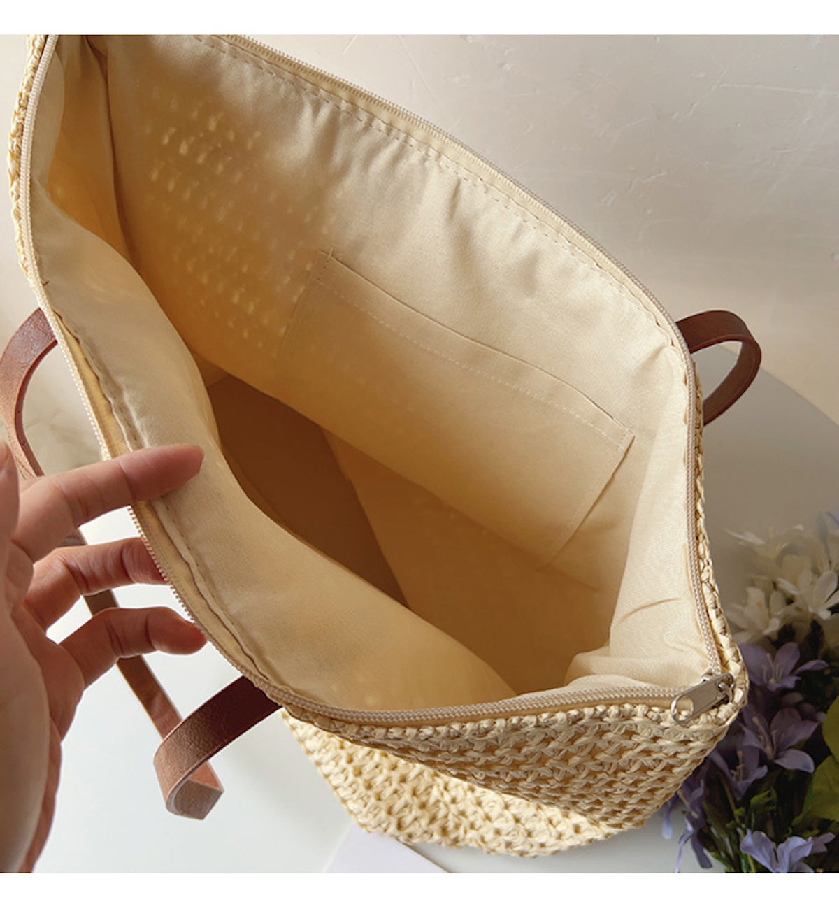 Rattan Woven Tote Bag with Leather Straps