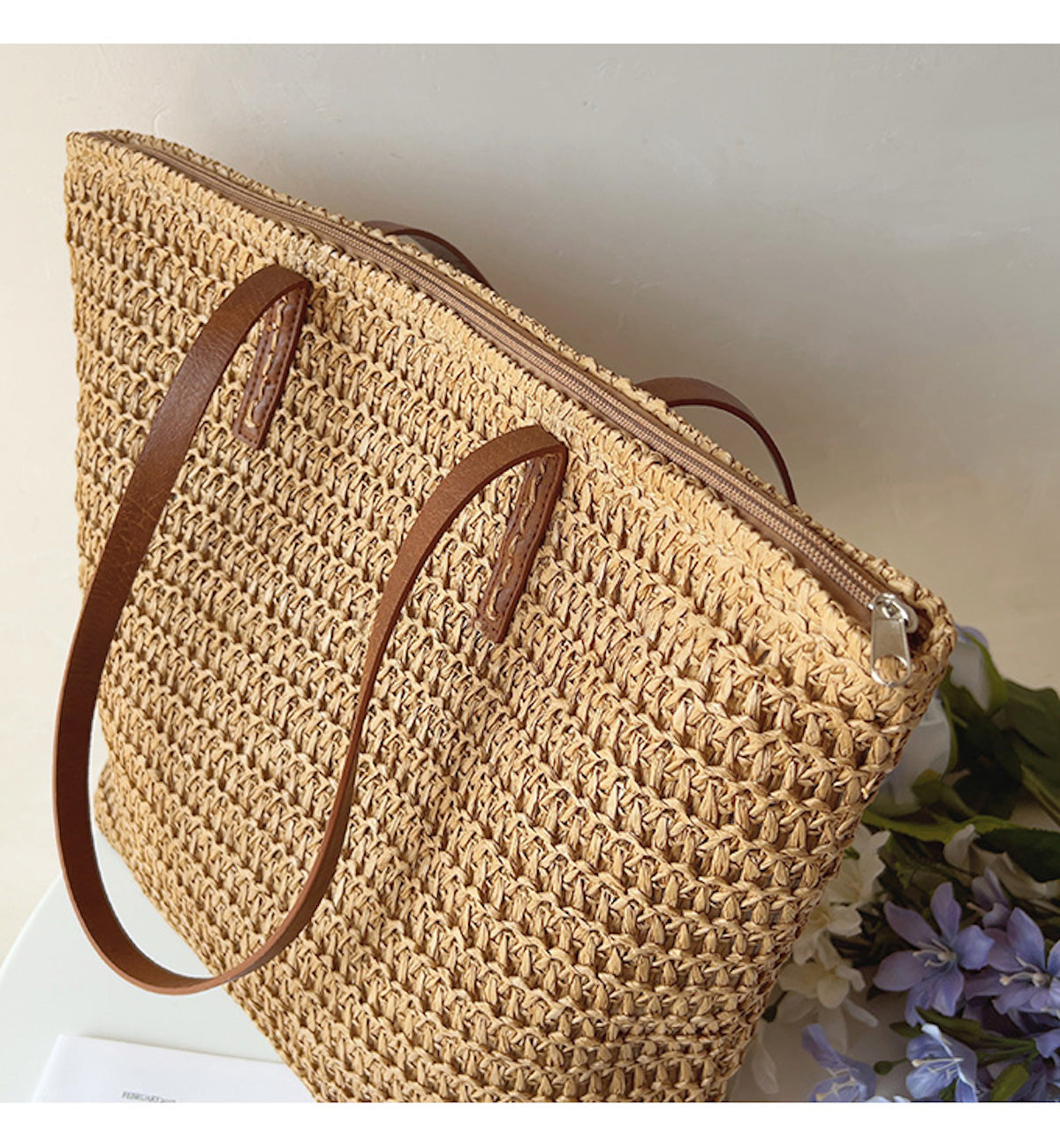 Rattan Woven Tote Bag with Leather Straps