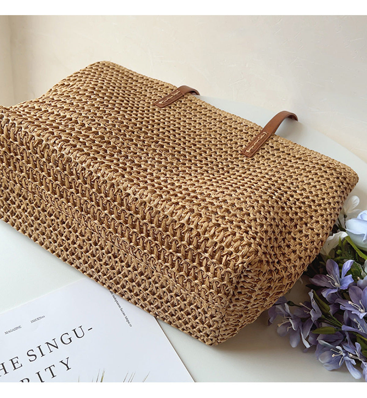 Rattan Woven Tote Bag with Leather Straps