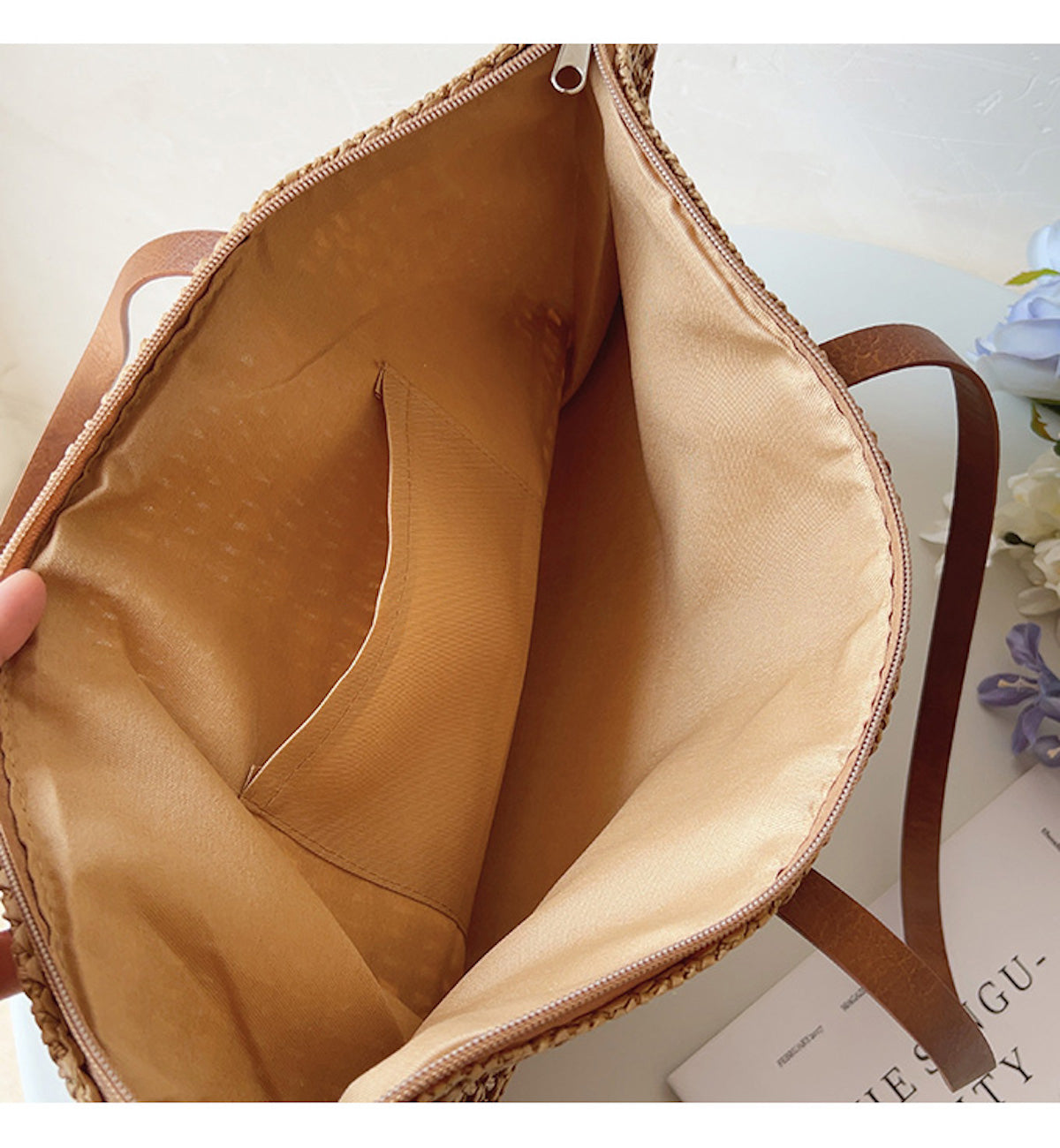 Rattan Woven Tote Bag with Leather Straps