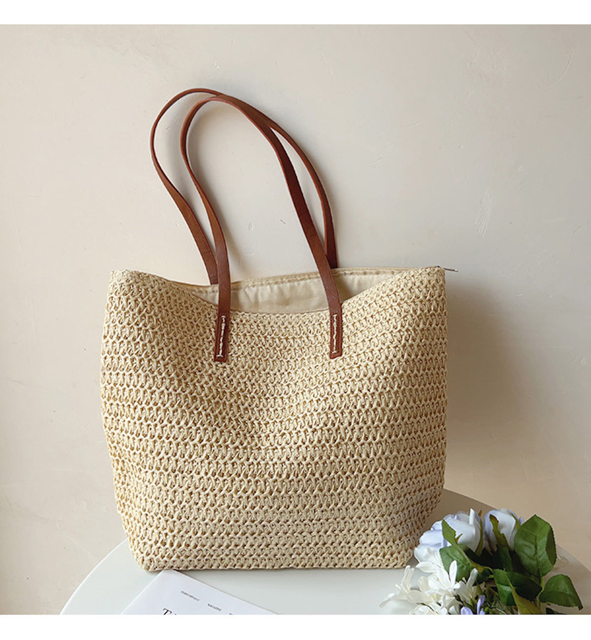 Rattan Woven Tote Bag with Leather Straps