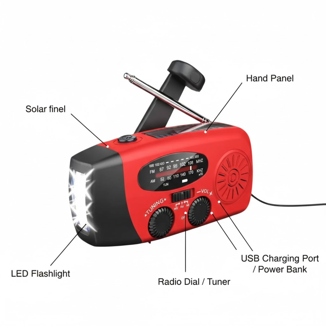 Emergency Solar Hand Crank Radio with Flashlight and Power Bank