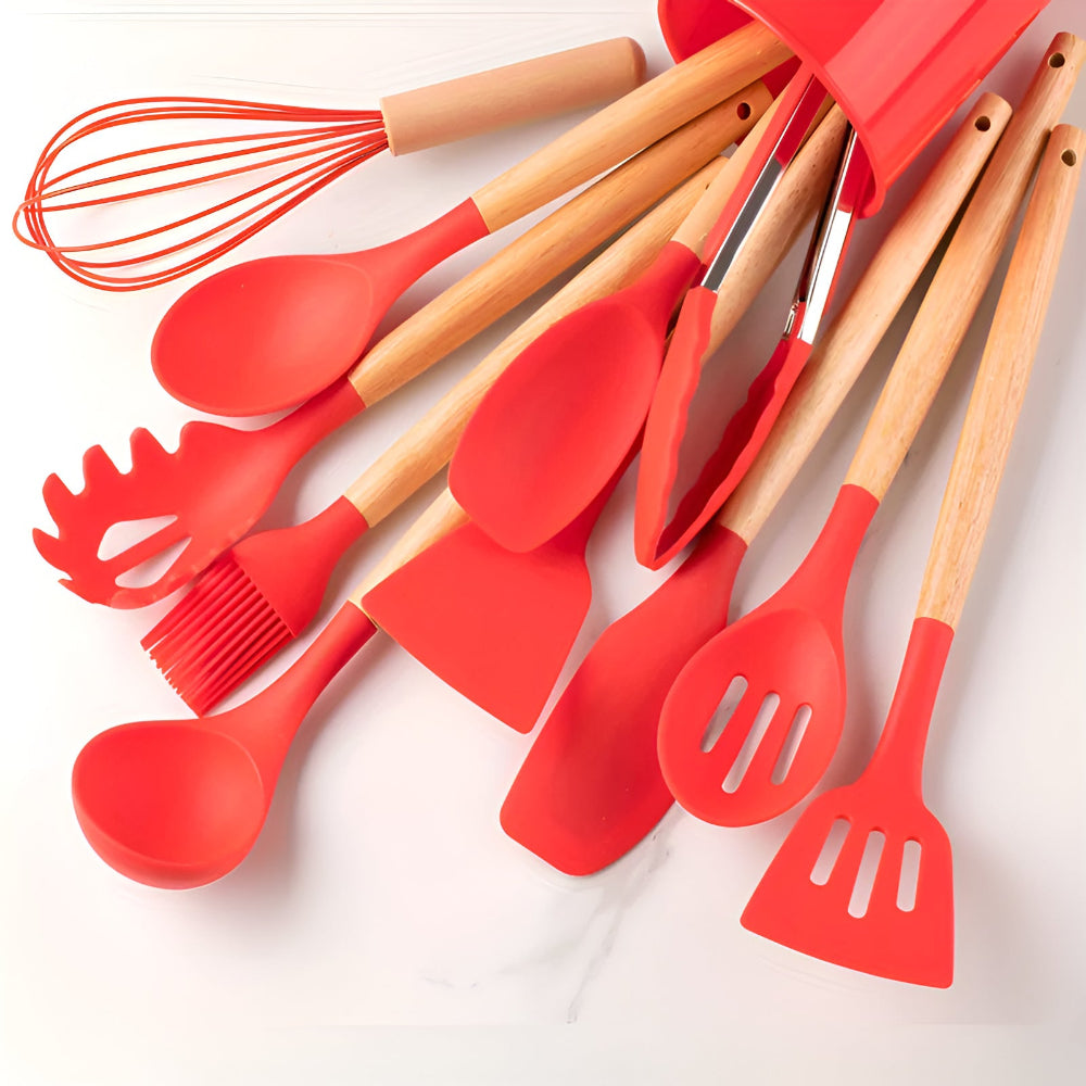 12-Piece Silicone Cooking Utensils Set with Bamboo Handles