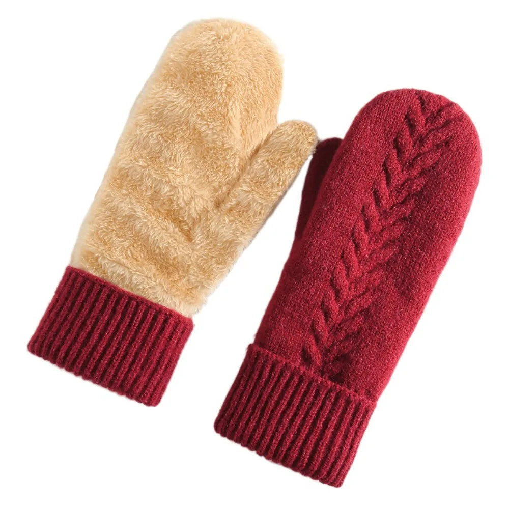 Double Layer Fleece Lined Knit Winter Mittens