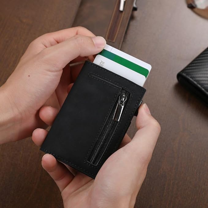 RFID-Blocking Slim Leather Wallet with Card Slide Mechanism