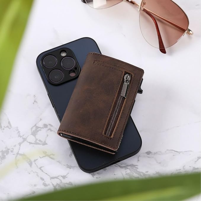 RFID-Blocking Slim Leather Wallet with Card Slide Mechanism