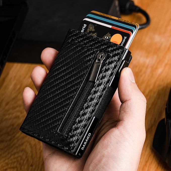 RFID-Blocking Slim Leather Wallet with Card Slide Mechanism