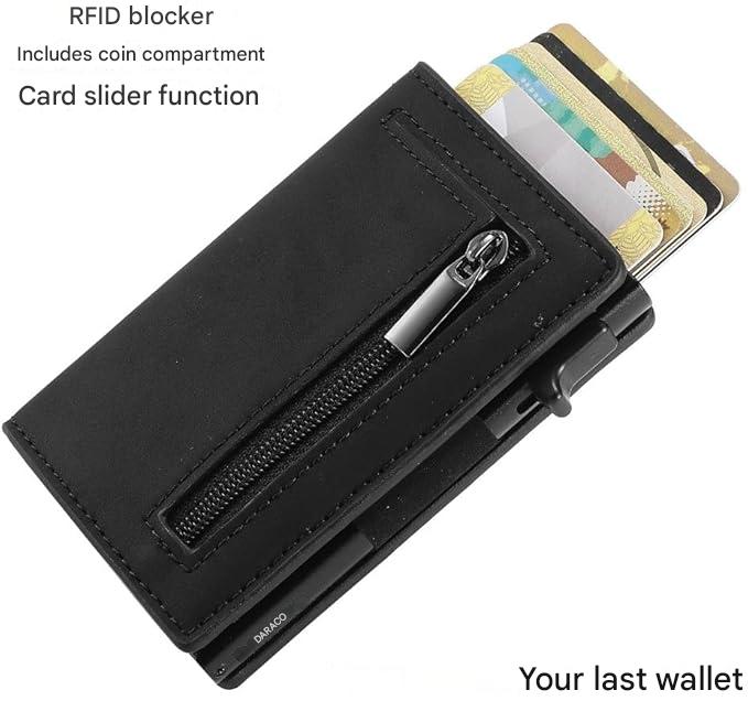 RFID-Blocking Slim Leather Wallet with Card Slide Mechanism