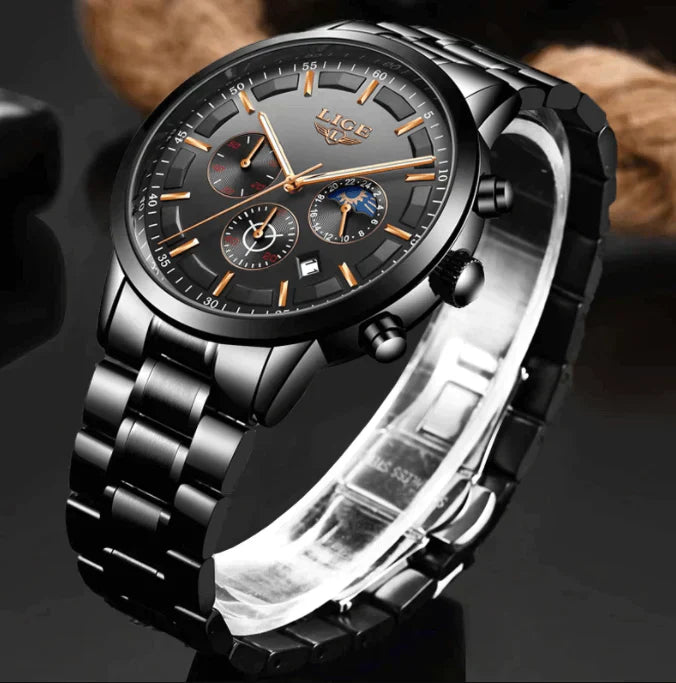 Military-Inspired Men's Watch with Black Steel Construction